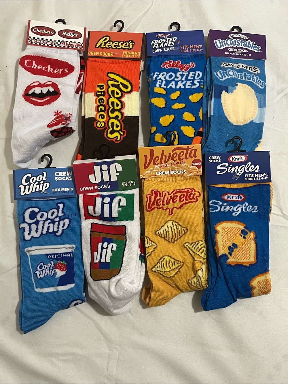 Novelty Food-Brand Crew Socks - Blue, Yellow, White (Assorted Food Logos) NWT